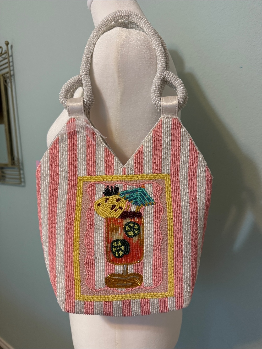 Viral Pink and White Striped Beaded Mini Tote with Tropical Drink Motif